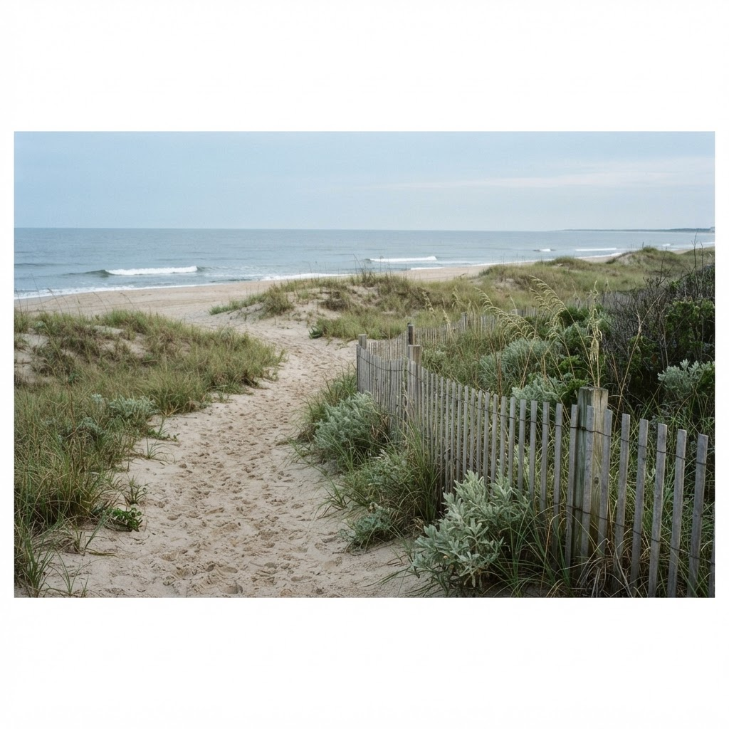 Illustrative coastal scene with a sandy path through dune grasses toward the Atlantic