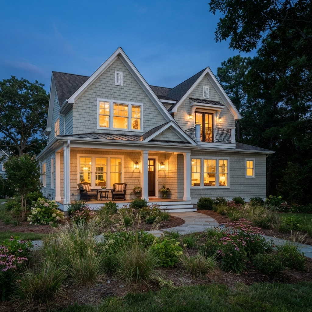Illustrative coastal-style home with a warmly lit front porch at dusk