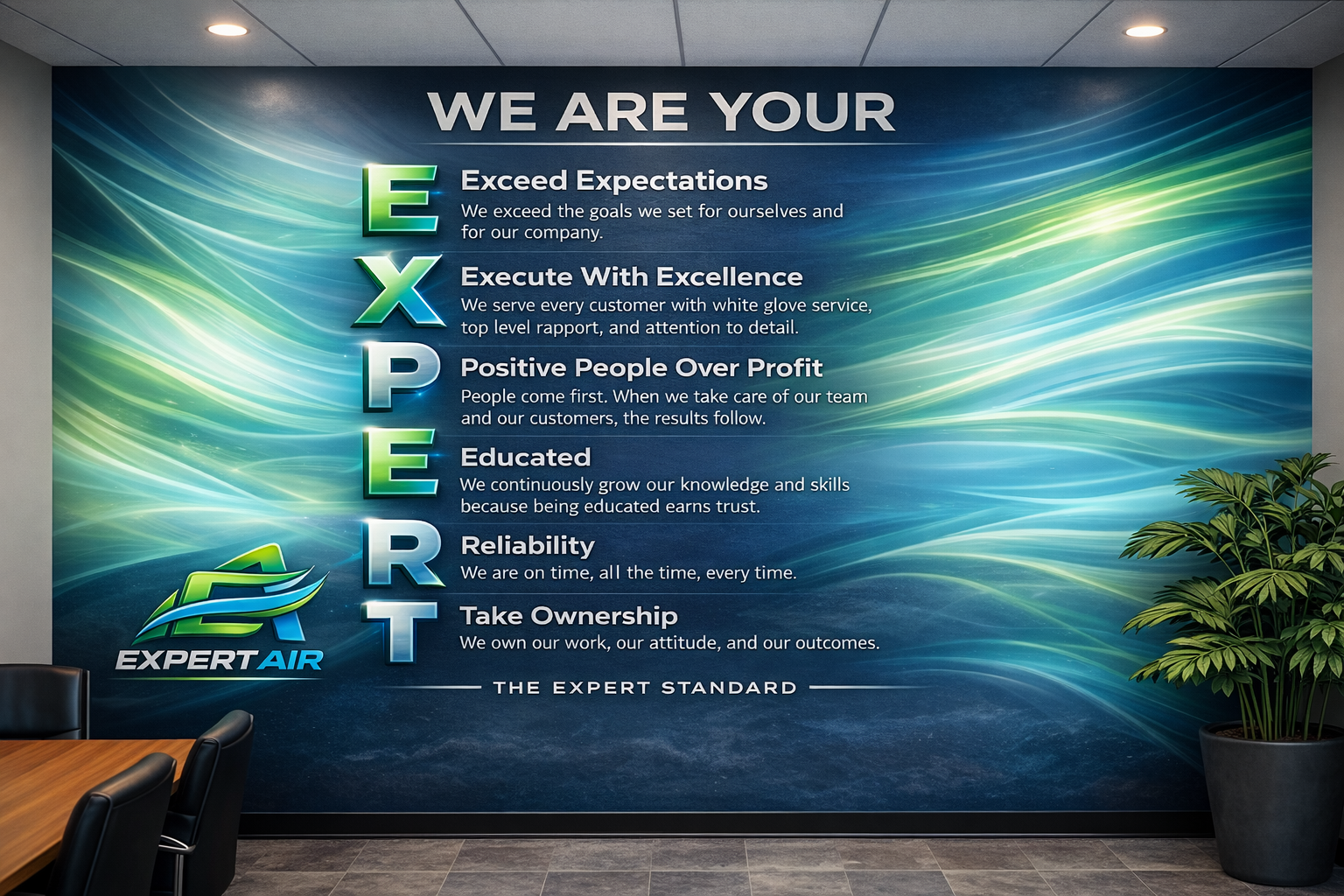 Expert Air’s blue-and-green EXPERT Standard wall artwork, with the six values transcribed alongside.