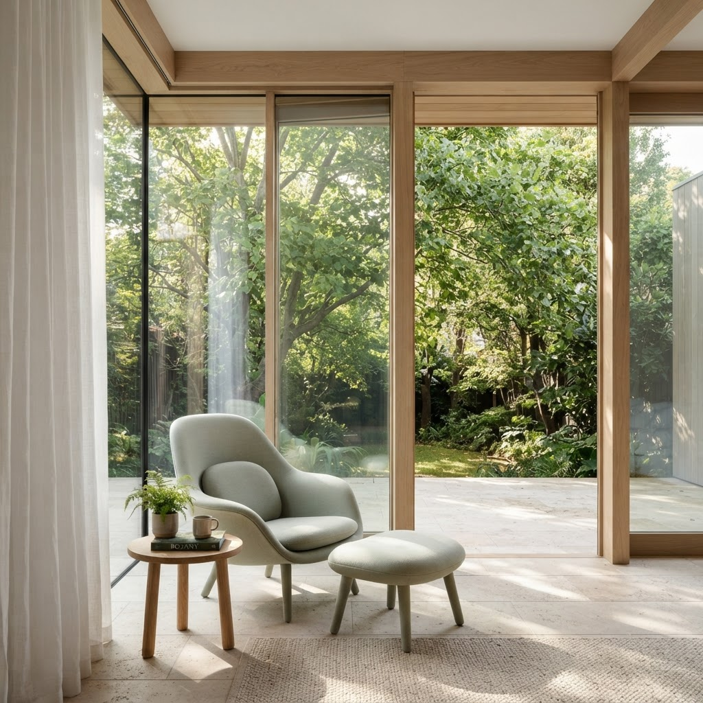 Illustrative sunlit garden room with a reading chair and glass doors overlooking trees