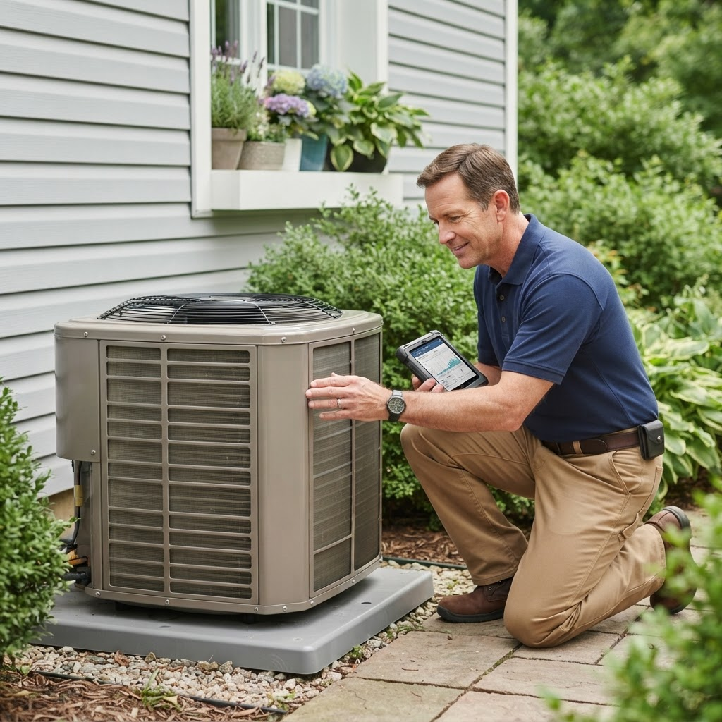 Illustrative scene of a technician inspecting an outdoor condenser during seasonal maintenance