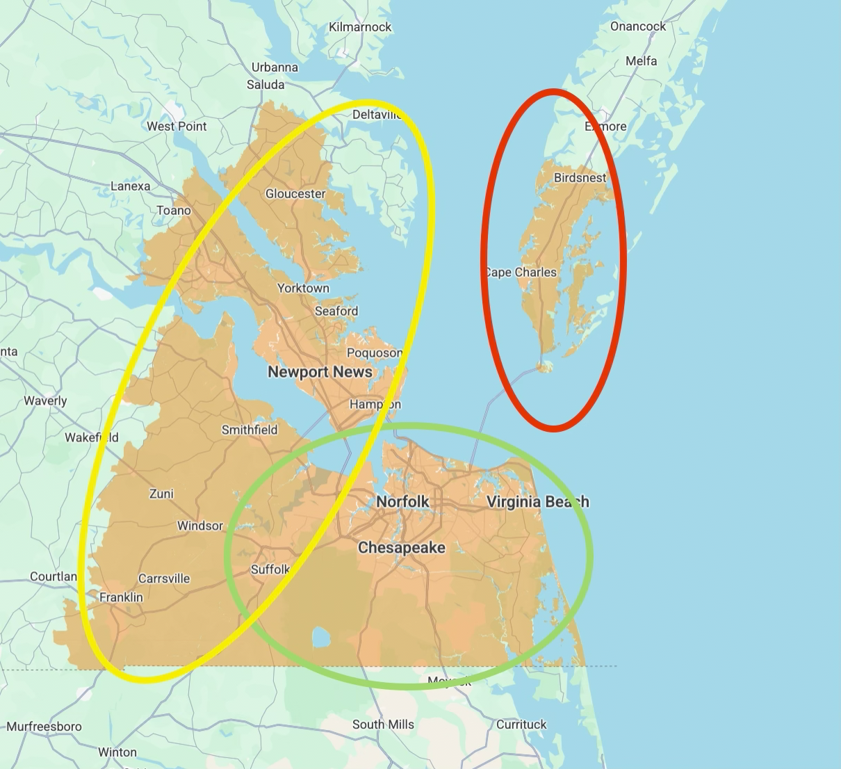 Expert Air coverage map: orange shading marks the travel footprint; green outlines the core Southside area, yellow the additional Peninsula and western coverage, and red the lower Eastern Shore area served for existing customers as needed.